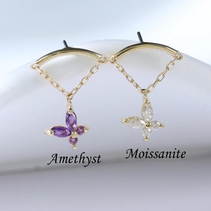 Hangende amethist vlinder push pins oorbel • Massief 14 kt goud Moissaniet verborgen helix kraakbeen platte achterkant stud • Edelsteen vlinder conch stud