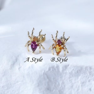 14K Solid Gold Spider Rhodolite Garnet Stud Earring • Insect Citrine Push Pin Flat Back • Cartilage Helix Conch Piercing • Animal Jewelry