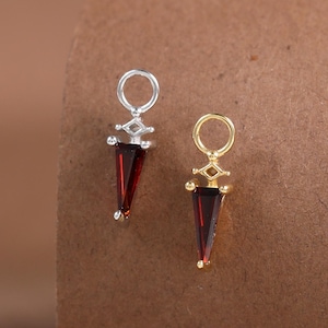 May include: Two small pendant earrings. One is silver-toned, the other gold-toned. Each features a dark red, triangular gemstone. The earrings have a small loop at the top for hanging.