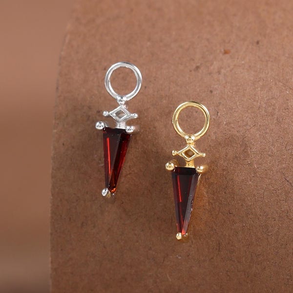 14K Gold Plated Triangle Garnet Dangle Charm Earring • Sterling Silver Garnet Cartilage Clicker Charm • Gemstone Helix Lobe Conch Piercing