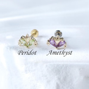 Amethyst Earlobe Threadless Push Pin • Solid 14K Gold Peridot Helix Climber Conch Cartilage Stud • Crown Shaped Tragus Flat Back Piercing