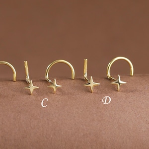 Piercing de Nariz Estrela em Prata de Lei • Piercing de Nariz Celestial em Formato de L • Piercing de Nariz em Formato de S Banhado a Ouro 14K • Piercing de Nariz Pequeno e Torcido 20G