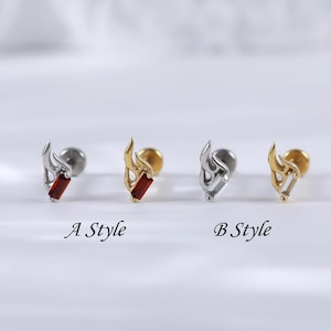 Sterling Silver Flame Garnet Conch Threadless Stud • 925 Silver White Topaz Helix Cartilage Earring • Fire Tragus Flat Push Back Piercing