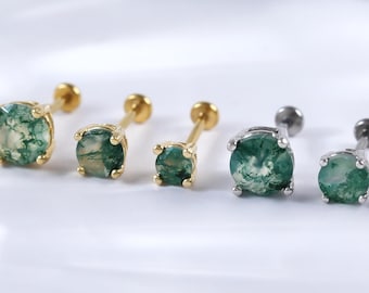 Moss Agate Sterling Silver Stud • Gold Plated Flat Push Back Piercing • Conch Tragus Helix Cartilage Threadless Pin Earring • Nap Earrings