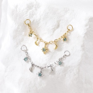 Catena in alessandrite con luna e stella placcata in oro 14 carati • Catena in argento 925 con elica, conchiglia e daith • Catena avvolgente per piercing al naso a rook multi-misura