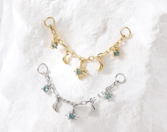 14K Gold Plated Moon & Star Alexandrite Chain • 925 Silver Helix Conch Daith Cartilage Chain • Multi-size Rook Nose Piercing Wrap Chain
