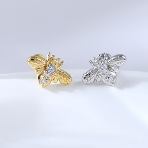 Gold Plated Dainty Bee Threadless Earring • Sterling Silver Diamond Helix Conch Cartilage Piercing • 14K Animal Gemstone Nose Flat Push Back