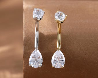 Piercing para ombligo con rosca externa y doble gema • Barra curva para ombligo con aspecto de diamante de plata 925 • Piercing para ombligo con circonita cúbica de 14G • Joyería corporal