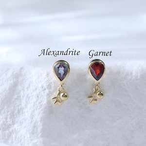 Dainty Alexandrite Balloon Threadless Stud Earring • Solid 14K Gold Gemstone Conch Cartilage Piercing • Garnet Flat Push Back Stud