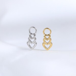 Triple Heart hollow Dangle Charm • Stacked Heart Drop Pendant • 925 Silver Three Linked Heart Charm Connector for Cartilage Earlobe Earring