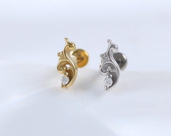 14K Gold Scroll Pattern Tragus Earring • Sterling Silver Moissanite Helix Conch Cartilage Stud • Tiny Vine Nose Labret Flat Back Piercing