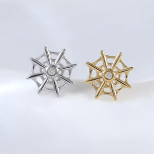Gold Plated Spider Web Helix Threadless Earring • Sterling Silver Moissanite Conch Cartilage Stud • 14K Gothic Flat Push Back Piercing