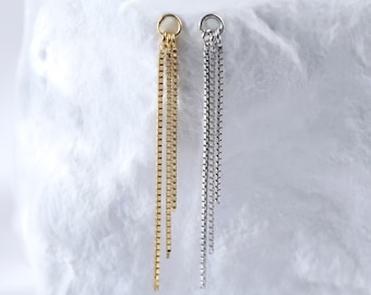 Triple Box Chain Fringe Dangle Charm • Minimalist 925 Silver Tassel Chain Drop • 14K Gold Plated Cartilage Helix Earlobe Hoop Attachment