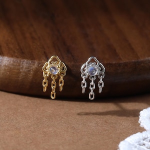 Sterling Silver Dangle Moonstone Threadless Push Pin • 925 Silver Cloud Shaped Cartilage Push Back Stud • Helix Flat Back Earlobe Piercing