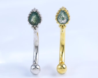 Sterling Silver Moss Agate Belly Ring • 925 Silver Gemstone Internally Threaded Navel Piercing • Gold Curved Barbell Belly Button Ring 14G