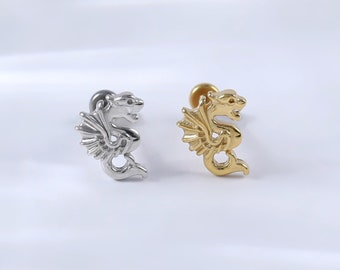 Sterling Silver Tiny Flying Dragon Threadless Push Pin • 925 Silver Wings Conch Flat Back Piercing • 14K Gold Helix Cartilage Push Back Stud