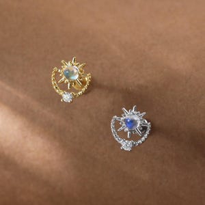 Clous d'oreille en argent sterling avec pierre de lune • Boucle d'oreille sans filetage en argent 925, pierres de lune et étoile, conque hélicoïdale • Clous d'oreille en moissanite à dos plat