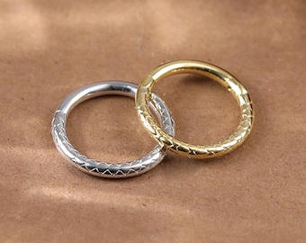 14K Gold Plated Dainty Embossed Textured Clicker • 925 Silver Daith Helix Cartilage Seamless Clicker • 16G Nose Septum Ring Hinged Hoop