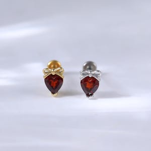 Gold Plated Heart Garnet with Bow Threadless Earring • 925 Silver Gift Box Helix Conch Stud • Dainty Cartilage Nose Flat Push Back Piercing