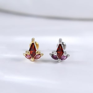 Gold Plated Kite Garnet Threadless Push Pin • Sterling Silver Rhodolite Garnet Helix Conch Earring • Gemstone Cartilage Flat Back Piercing