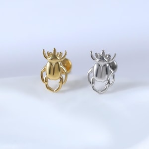 Gold Plated Beetle Helix Cartilage Threadless Earring • Sterling Silver Conch Flat Push Back Stud • Dainty Insect Tragus Nose Piercing