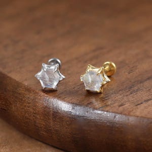 925 Silver Hexagon Labradorite Flat Back Earring • 14K Gold Helix Conch Tragus Threadless Push Pin • Gemstone Cartilage Nose Stud Piercing