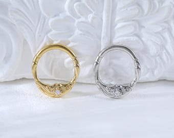 Sterling Silver Delicate Moon Goddess Cartilage Clicker • 14K Moissanite Rook Conch Septum Ring • Gold Moon Daith Hoop Seamless Clicker 16G