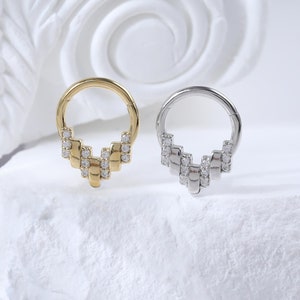 Sterling Silver Geometric Septum Daith Clicker • 925 Silver Texture Conch Nose Seamless Clicker • 14K Diamond Helix Clicker Hoop Ring 16G