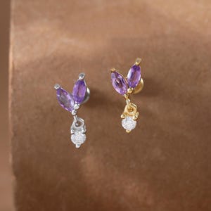 Gold Plated Amethyst with Moissanite Earring • 925 Silver Dangle Helix Earlobe Threadless Push Pin • Gemstone Cartilage Flat Back Piercing