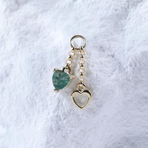 Dangle Moss Agate Heart Shaped Charm • Solid 14K Gold Gemstone Helix Conch Earlobe Charm Earring • Gold Gemstone Belly Clicker Stud Charm