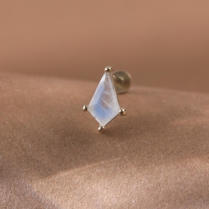 Dainty Kite Moonstone Threadless Push Pin • Solid 14K Gold Helix Conch Earlobe Flat Back Earring • Gemstone Tragus Cartilage Nose Piercing