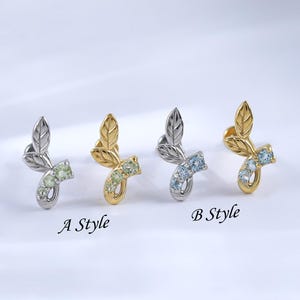 Sterling Silver Swiss Blue Topaz Leaf Conch Stud • 14K Peridot Tragus Helix Cartilage Earring • Twisted Leaf Nose Flat Push Back Piercing