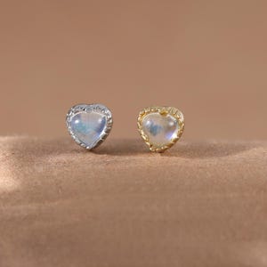 14K Gold Heart Moonstone Threadless Push Pin • Sterling Silver Helix Conch Cartilage Earring • Bezel Set Moonstone Nose Flat Back Piercing