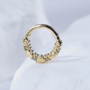 Dainty Swiss Blue Topaz Shell Nose Clicker • Solid 14K Gold Swiss Blue Topaz Daith Hoop Earring • Gold Gemstone Septum Ring Hinged Hoop 16G