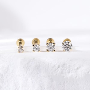 Pequeño pendiente de diamante para cartílago de hélice con inserción a presión • Pendiente de oro macizo de 14 quilates con gema para labio, trago, caracola, sin rosca • Pendiente de oro de 14 quilates con diamantes