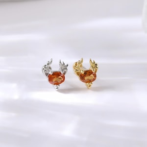 Sterling Sliver Tiny Elk Antler Fanta Threadless Earring • 925 Silver Orange Garnet Deer Helix Stud • Gemstone Conch Flat Push Back Piercing