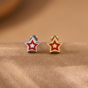 Brincos sem rosca em forma de estrela esmaltada em ouro 14K vermelho • Brincos com lóbulo de orelha em forma de concha em forma de estrela delicada em prata esterlina • Tragus esmaltado para nariz com fecho de pressão plano