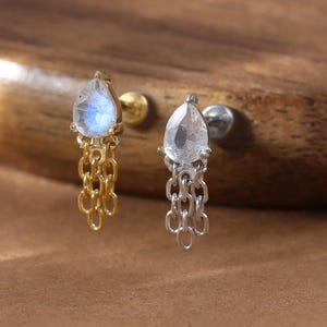 14K Gold Teardrop Labradorite Helix Threadless Earring • 925 Silver Triple Chain Cartilage Piercing • Dangle Chain Earlobe Flat Push Back