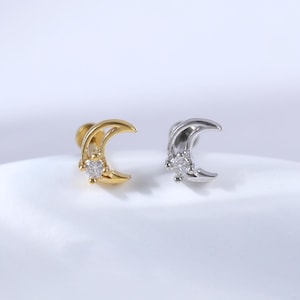 14K Gold Plated Moissanite Moon Threadless Push Pin • 925 Silver Crescent Helix Conch Earring • Diamond Cartilage Earlobe Flat Back Piercing