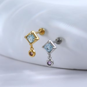 14Kゴールドスクエアロンドンブルートパーズスレッドレスピアス • アメジストダングル軟骨ヘリックストラガスピアス • 耳たぶプッシュピンフラットバックスタッド