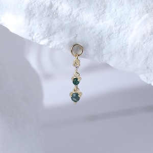 Dangle Moss Agate with Moissanite Charm • Solid 14K Gold Gemstone Helix Conch Earlobe Earring Charm • Gold Gemstone Belly Clicker Stud Charm