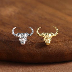 14K Gold Plated Bull Skull Design Flat Back Stud Earring 925 Silver Skull Threadless Push Pin Cartilage Helix Conch Lobe Piercing Jewelry image 1