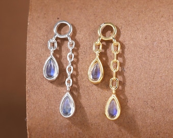 Moonstone Teardrop Double Chain Charm • Minimalist 925 Silver Dangle Gemstone Pendant • Dainty Cartilage Helix Earlobe Piercing Attachment