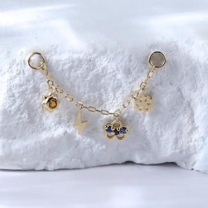 Dangle Flower Sapphire Industrial Chain • Solid 14K Gold Citrine Helix Conch Cartilage Wrap Chain • Gold Sun Lightning Cloud Snowflake Chain