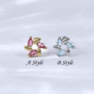 Sterling Silber Rosa Turmalin Kranz Threadless Push-Pin • 14K Blautopas Helix Knorpel Piercing • Gold Floral Conch Flach Druck zurück Bolzen