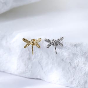 Gold Plated Dainty Dragonfly Conch Threadless Earring • 925 Silver Helix Cartilage Push Back Stud • Dragonfly Tragus Flat Back Piercing