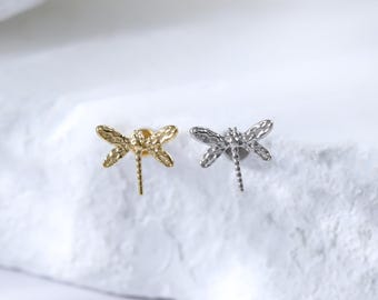 Gold Plated Dainty Dragonfly Conch Threadless Earring • 925 Silver Helix Cartilage Push Back Stud • Dragonfly Tragus Flat Back Piercing