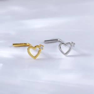 Sterling Silver Heart Shaped Nose Stud • Real Gold Plated Diamond Heart Nose Ring • Ultra Thin Gemstone L Screw Nose Stud Piercing 20G