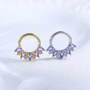 Sterling Silver Dainty Tanzanite Leaf Septum Ring • 14K Gold Gemstone Daith Rook Seamless Clicker • Palm Leaf Nose Hinged Huggie Hoop 16G