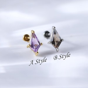 Sterling Silver Amethyst Kite Threadless Push Pin • 925 Silver Smoky Quartz Helix Flat Back Stud • 14K Kite Gemstone Conch Cartilage Earring